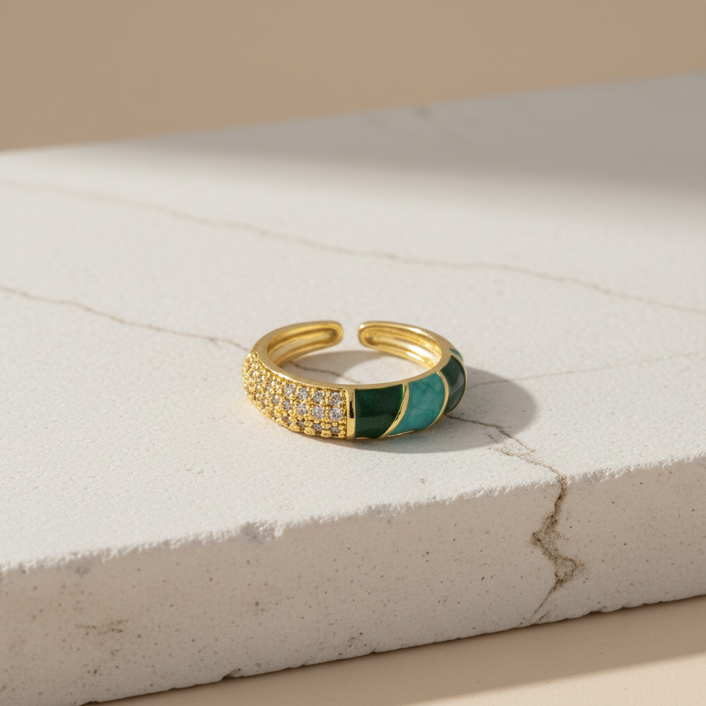 Emerald Green Enamel & Gold Adjustable Ring with Diamonds LR10210