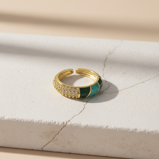 Emerald Green Enamel & Gold Adjustable Ring with Diamonds LR10210