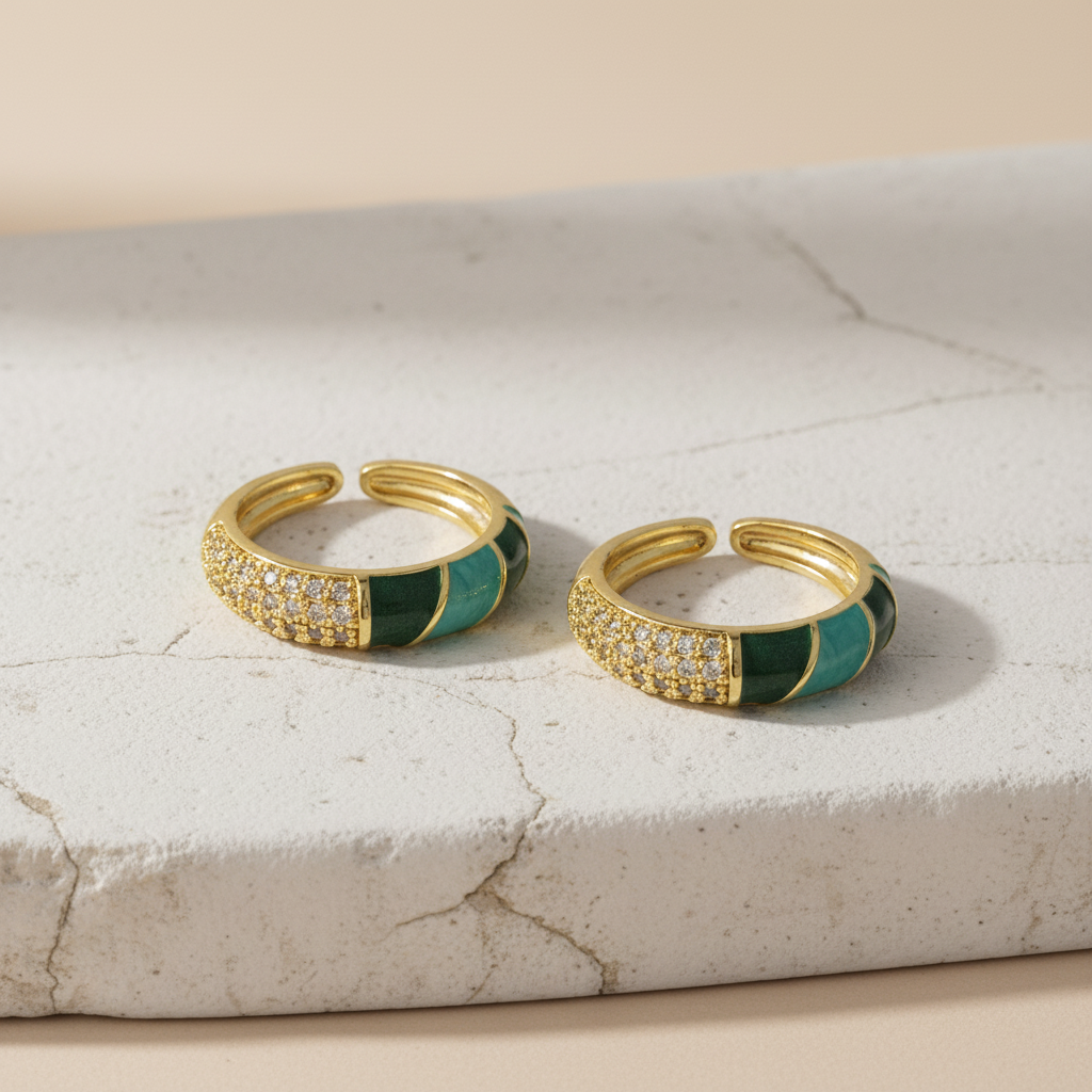 Emerald Green Enamel & Gold Adjustable Ring with Diamonds LR10210