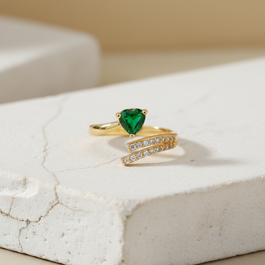 Emerald Heart Gold Ring – Adjustable Open Band with Green Stone & Crystals LR10189