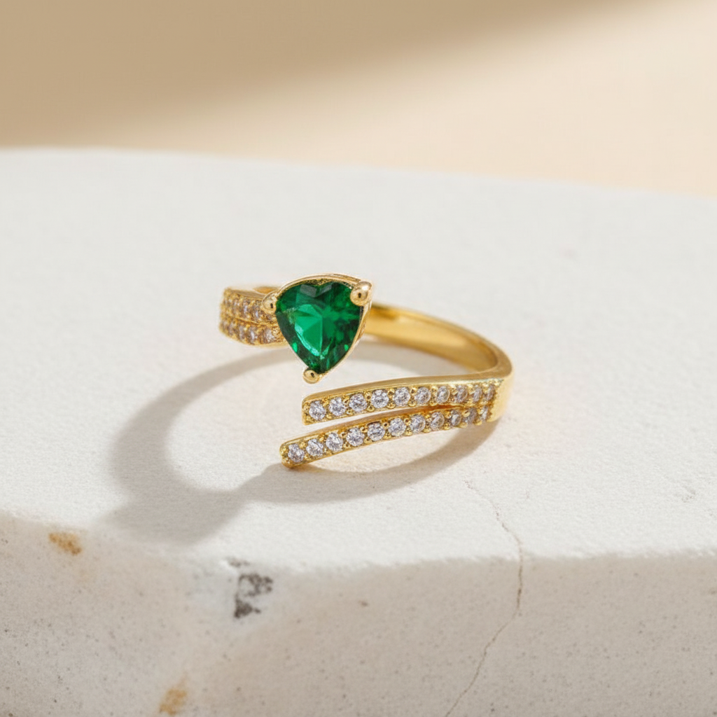 Emerald Heart Gold Ring – Adjustable Open Band with Green Stone & Crystals LR10189