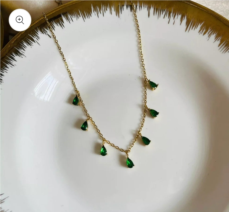 Emerald Teardrop Necklace Gold Vermeil with Green Crystal Charms LN10113