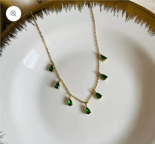 Emerald Teardrop Necklace Gold Vermeil with Green Crystal Charms LN10113
