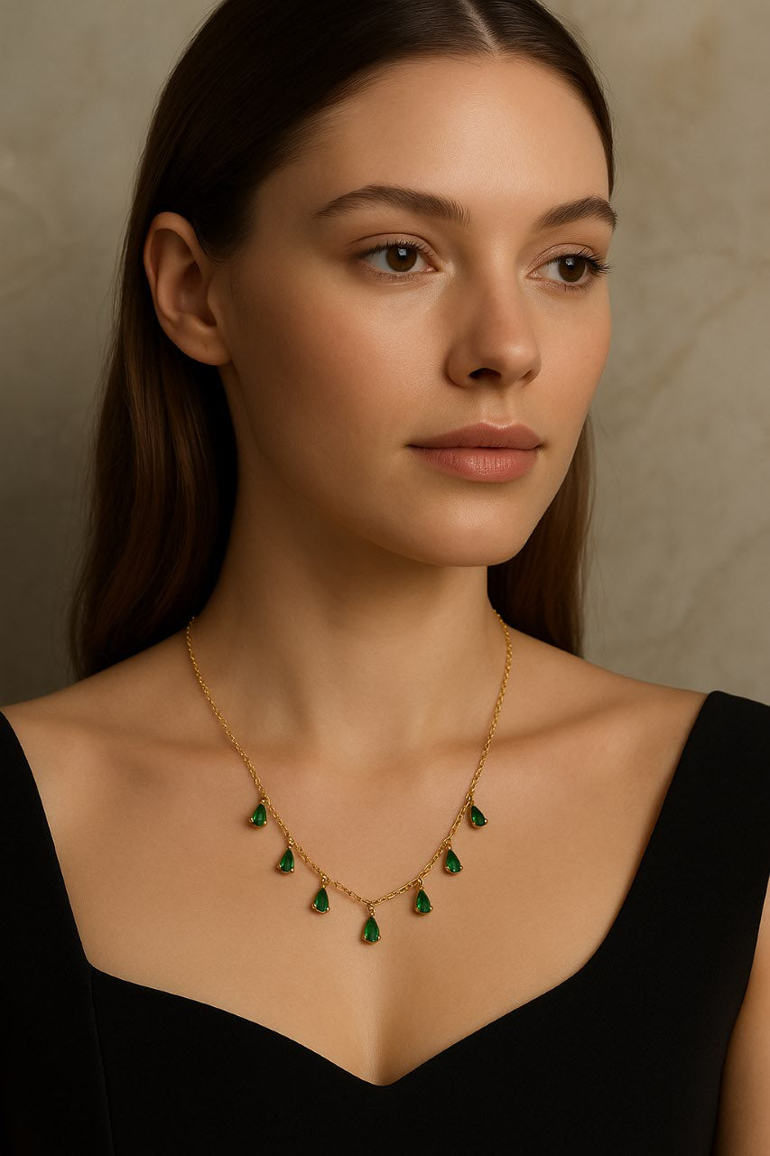 Emerald Teardrop Necklace Gold Vermeil with Green Crystal Charms LN10113