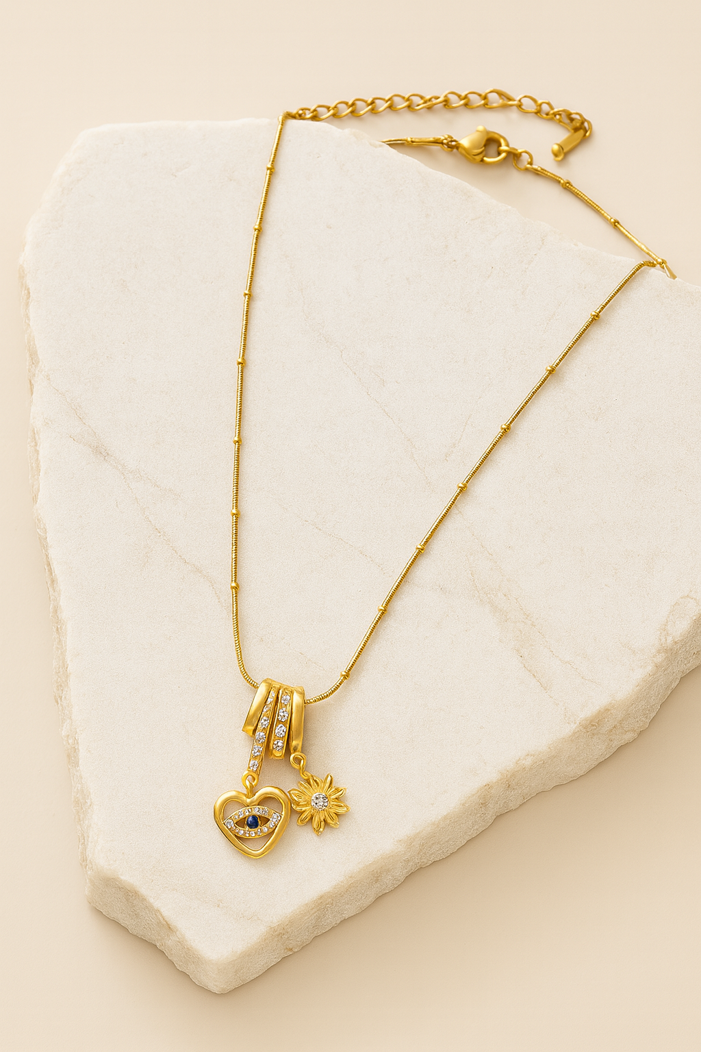 Evil Eye Heart & Daisy Charm Necklace in Gold LN10272
