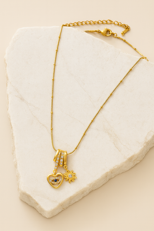 Evil Eye Heart & Daisy Charm Necklace in Gold LN10272