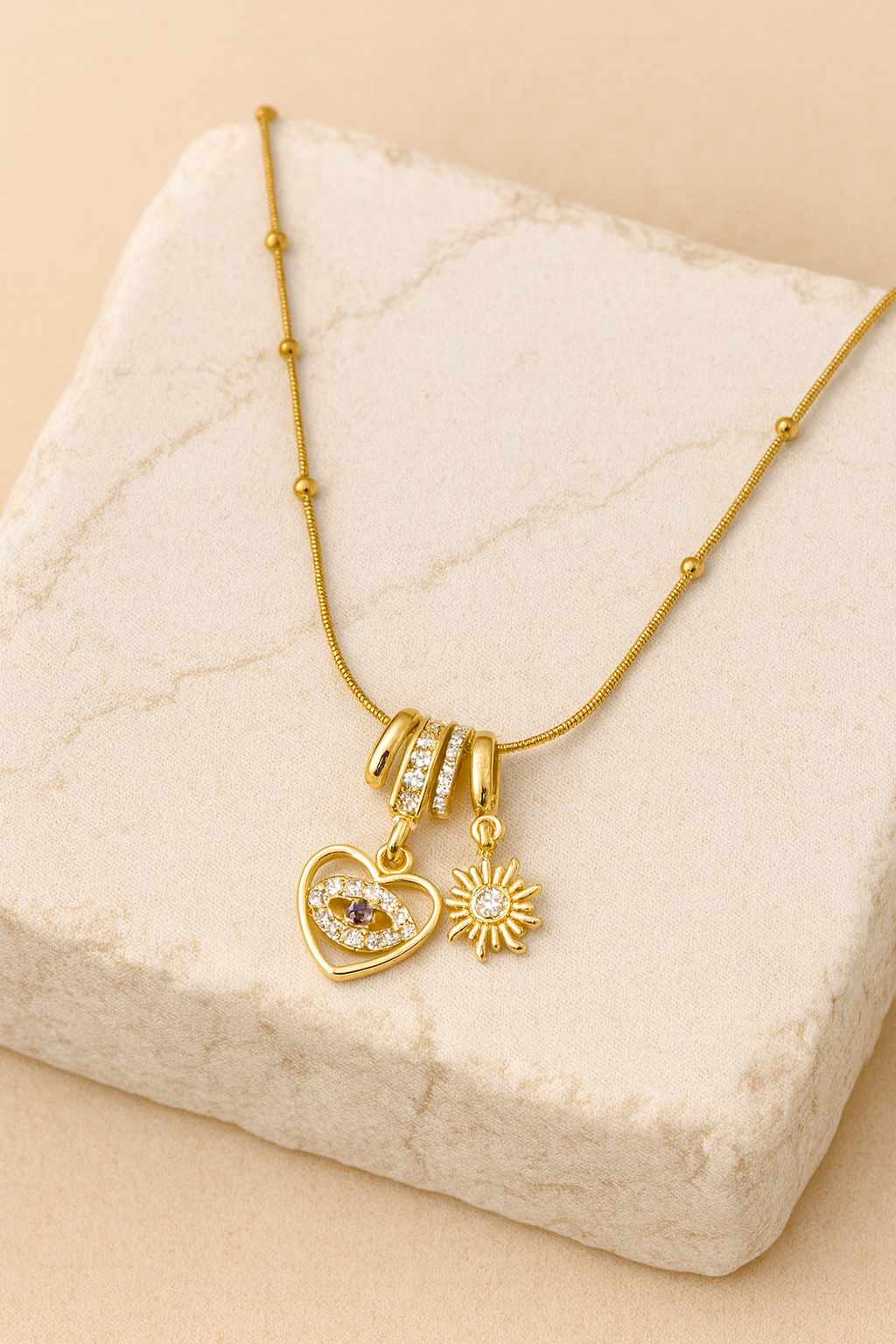Evil Eye Heart & Daisy Charm Necklace in Gold LN10272