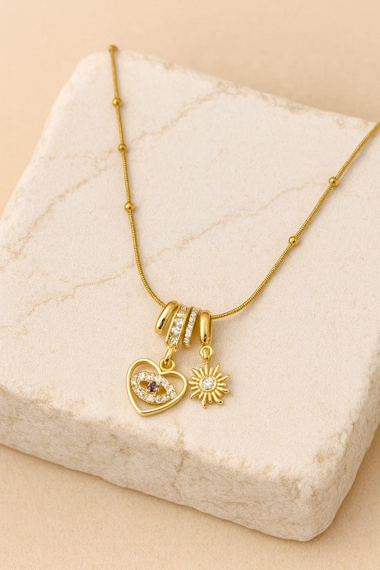 Evil Eye Heart & Daisy Charm Necklace in Gold LN10272