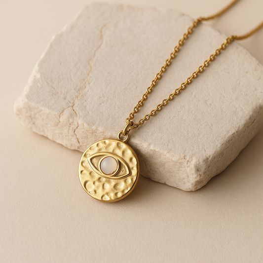Evil Eye Medallion Necklace Gold Vermeil with Moonstone  Protection Jewelry LN10107