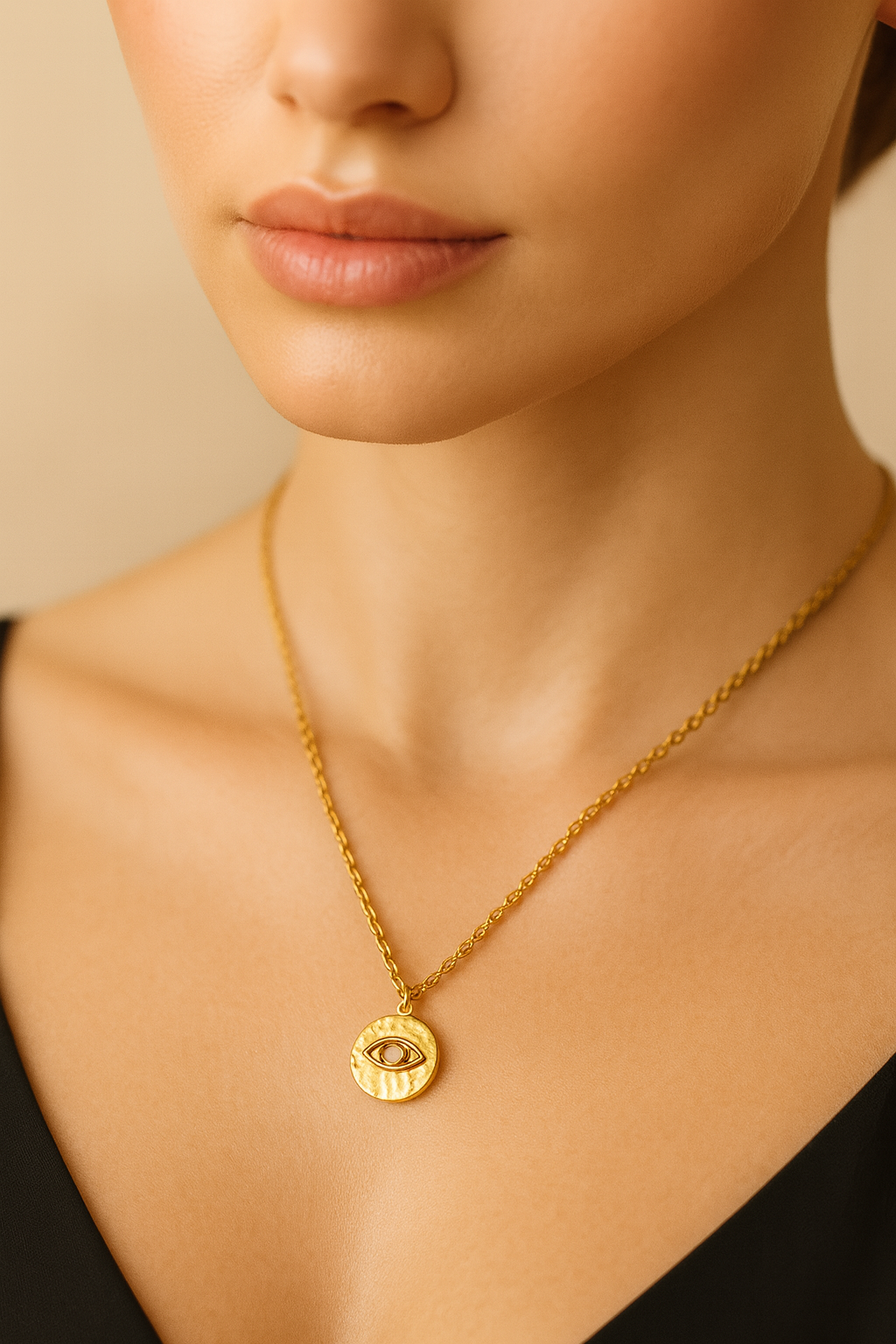 Evil Eye Medallion Necklace Gold Vermeil with Moonstone  Protection Jewelry LN10107