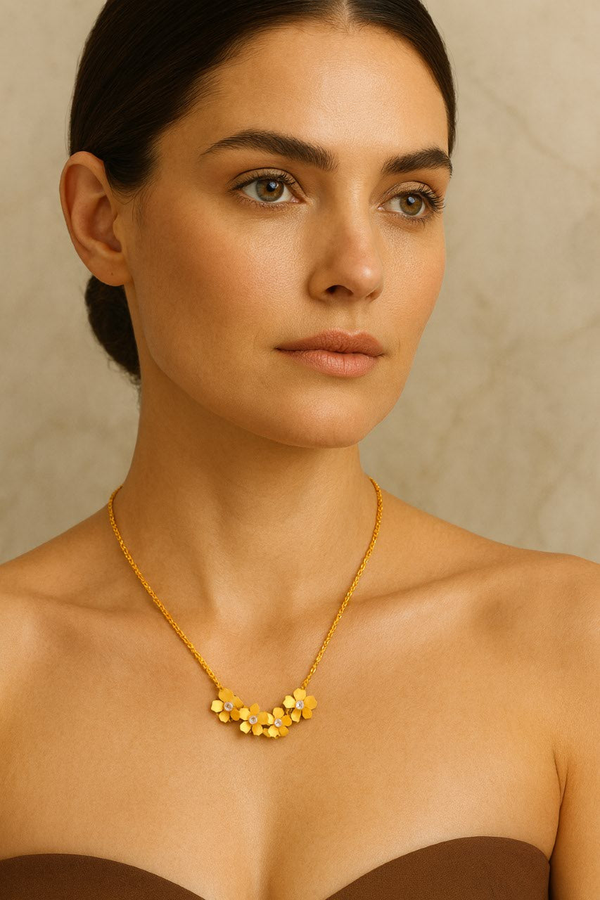 Gold Floral Necklace Gold Vermeil with Dainty Flower Charms & CZ Accents  Elegant Nature Jewelry LN10127