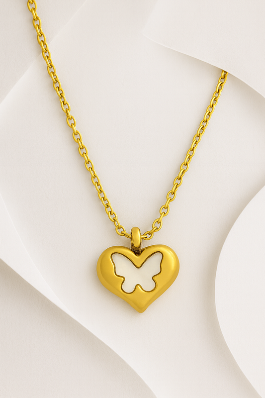 Gold Heart Butterfly Pendant Necklace Gold Vermeil with Mother of Pearl Inlay  Symbolic Jewelry LN10123