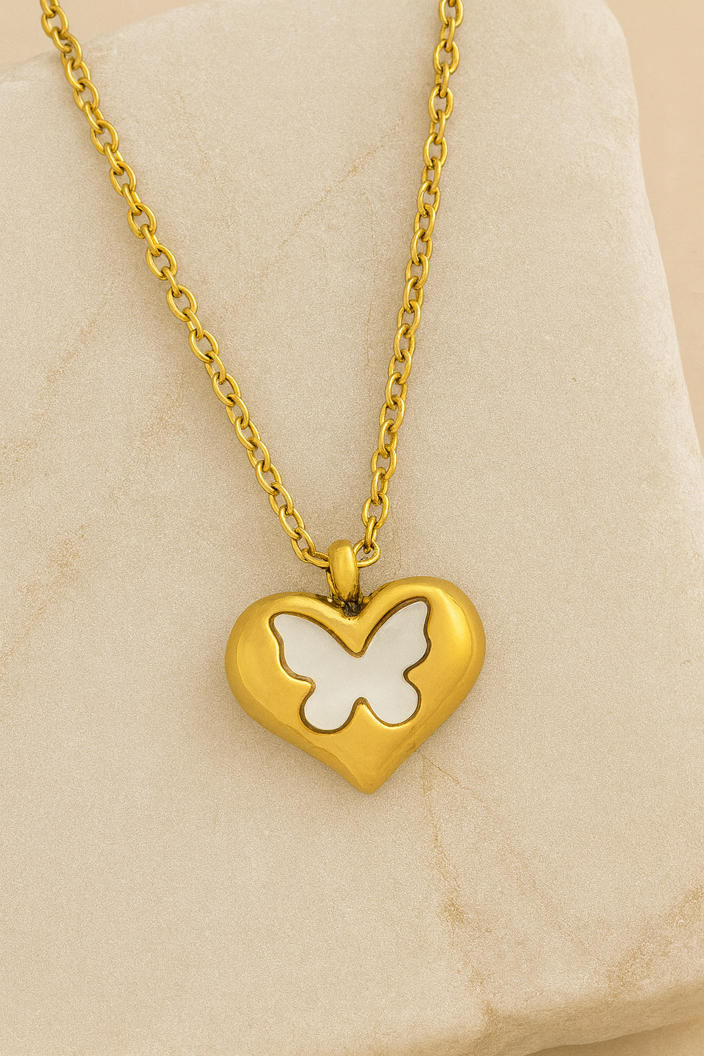 Gold Heart Butterfly Pendant Necklace Gold Vermeil with Mother of Pearl Inlay  Symbolic Jewelry LN10123