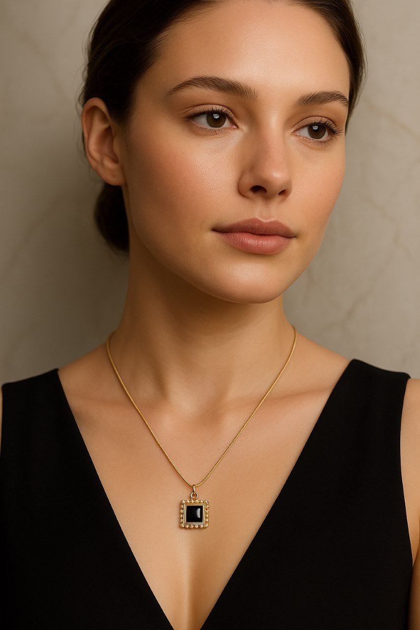 Gold Square Pendant Necklace with Black Onyx – Vintage Inspired Gold Vermeil Jewelry  Bold Statement Necklace LN10130