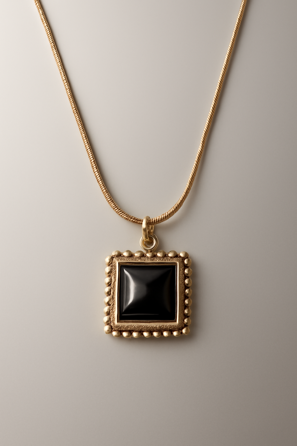 Gold Square Pendant Necklace with Black Onyx – Vintage Inspired Gold Vermeil Jewelry  Bold Statement Necklace LN10130