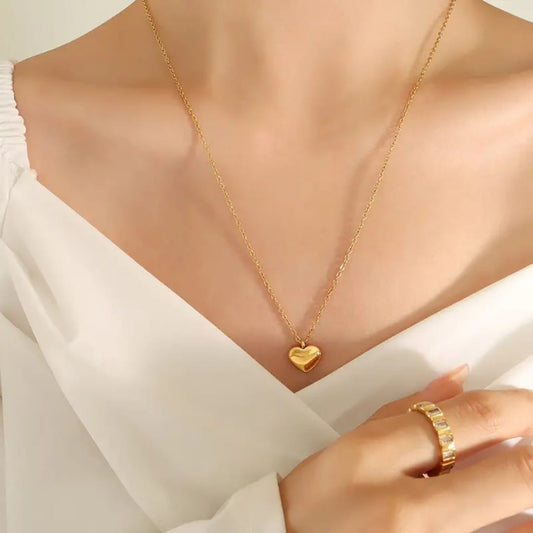 Gold Puff Heart Pendant Necklace – Textured Link Chain. LN10187