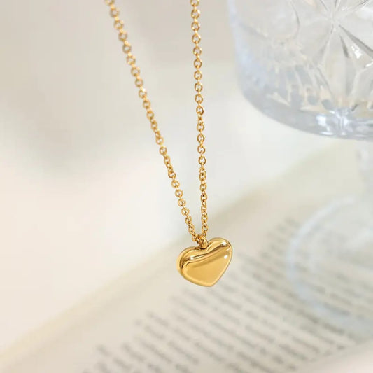 Gold Puff Heart Pendant Necklace – Textured Link Chain. LN10187
