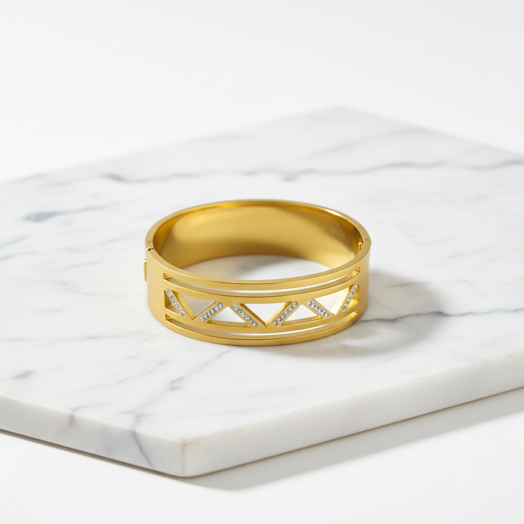Geometric Gold Bangle with Diamond Accents – Elegant Minimalist Bracelet LB10195