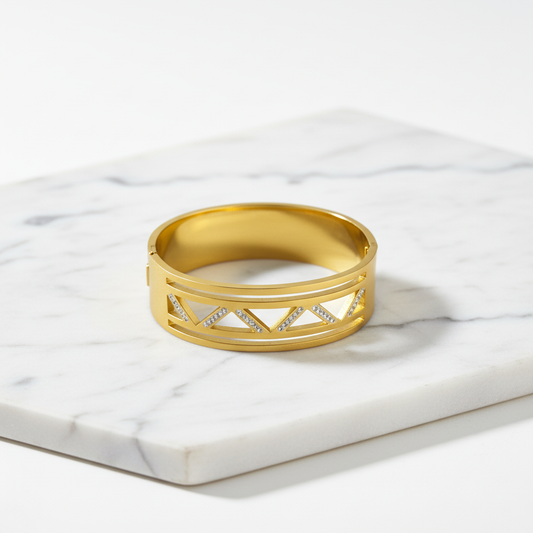Geometric Gold Bangle with Diamond Accents – Elegant Minimalist Bracelet LB10195