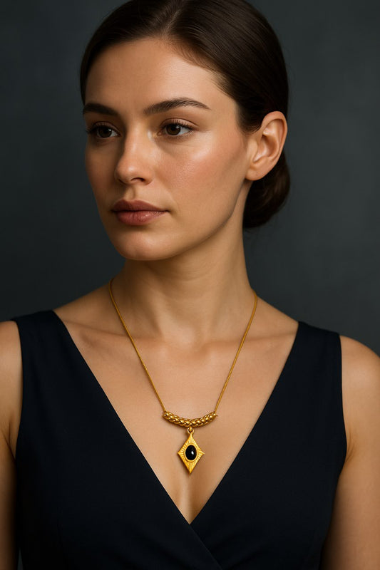 Geometric Statement Necklace Gold Vermeil with Black Onyx Pendant  Luxury Jewelry LN10106