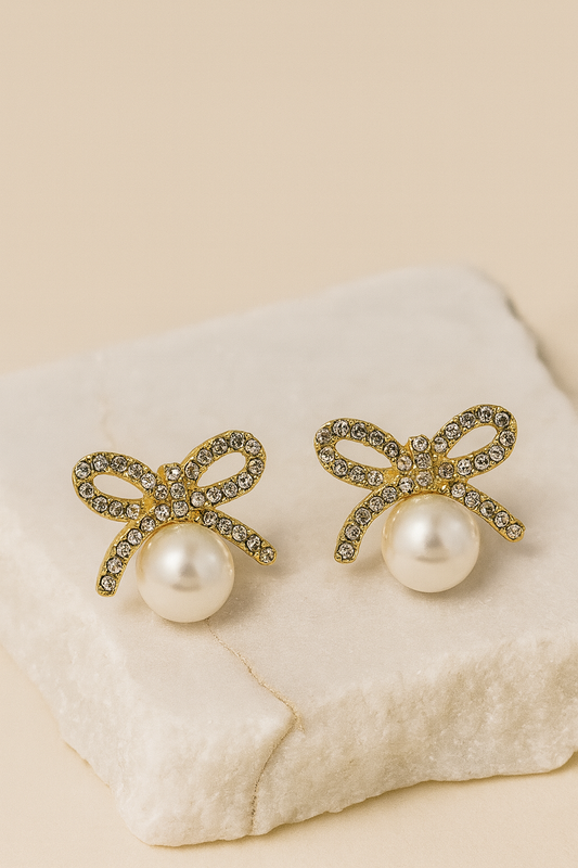 Gold-Plated Bow Pearl Stud Earrings for Women – Elegant Crystal Design LE10300