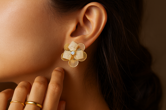 Gold-Plated Floral Earrings with Crystal Center – Elegant Party Studs LE10291