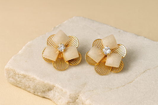 Gold-Plated Floral Earrings with Crystal Center – Elegant Party Studs LE10291