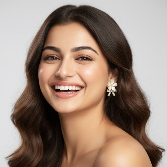 Gold-Plated Floral Pearl Earrings with Crystal Detailing – Elegant Party Wear LE10301