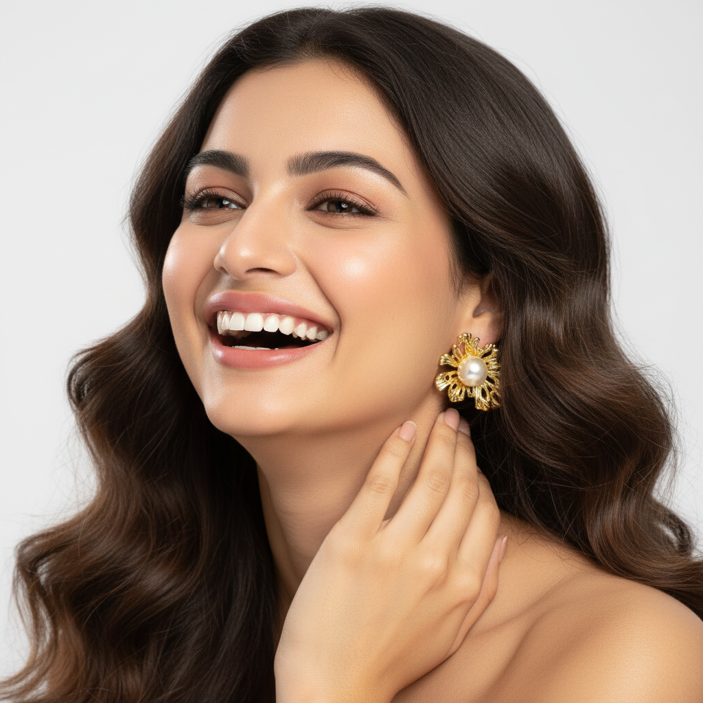 Gold-Plated Floral Pearl Stud Earrings – Elegant Statement Jewelry for Women LE10303