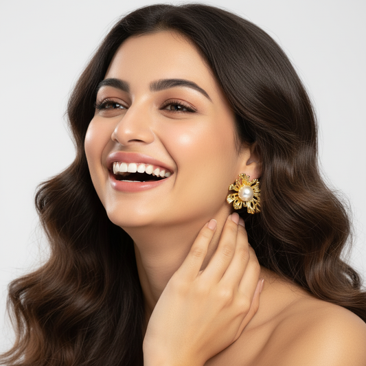 Gold-Plated Floral Pearl Stud Earrings – Elegant Statement Jewelry for Women LE10303