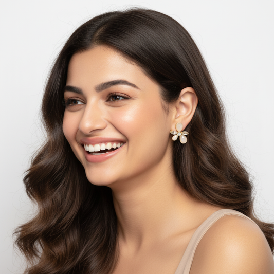 Gold-Plated Floral Stud Earrings with Beige and Crystal Stones – Elegant Party Wear LE10298