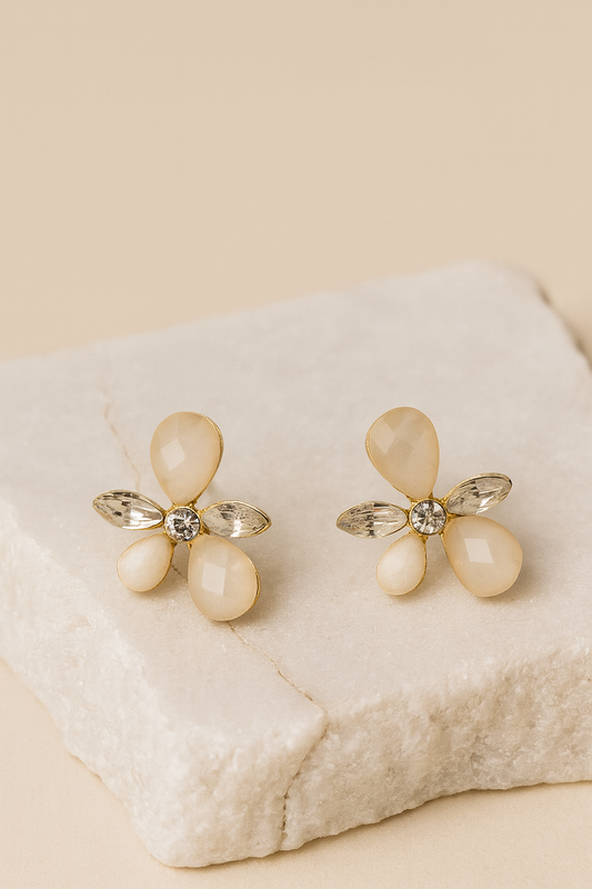 Gold-Plated Floral Stud Earrings with Beige and Crystal Stones – Elegant Party Wear LE10298