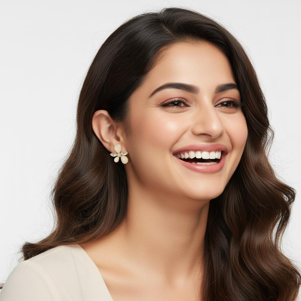 Gold-Plated Floral Stud Earrings with Beige and Crystal Stones – Elegant Party Wear LE10298
