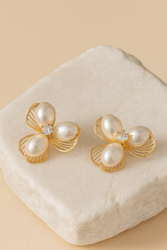 Gold-Plated Pearl Flower Earrings with Crystal Center – Elegant Statement Studs LE10281