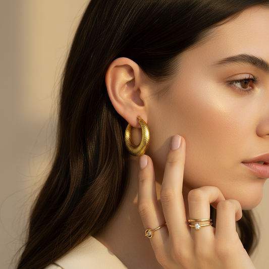 Gold-Plated Textured Hoop Earrings for Women – Bold Classic Design LE10288