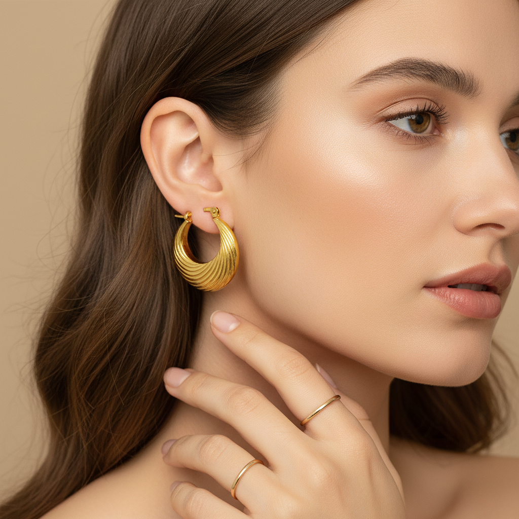 Gold-Plated Textured Hoop Earrings for Women – Classic Ribbed Design LE10287