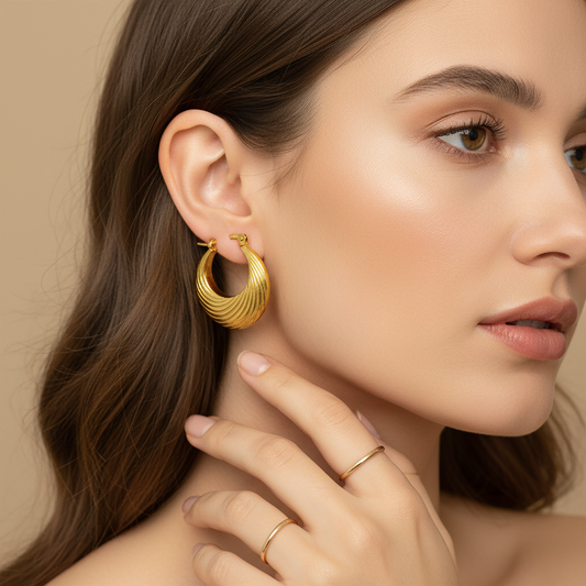 Gold-Plated Textured Hoop Earrings for Women – Classic Ribbed Design LE10287