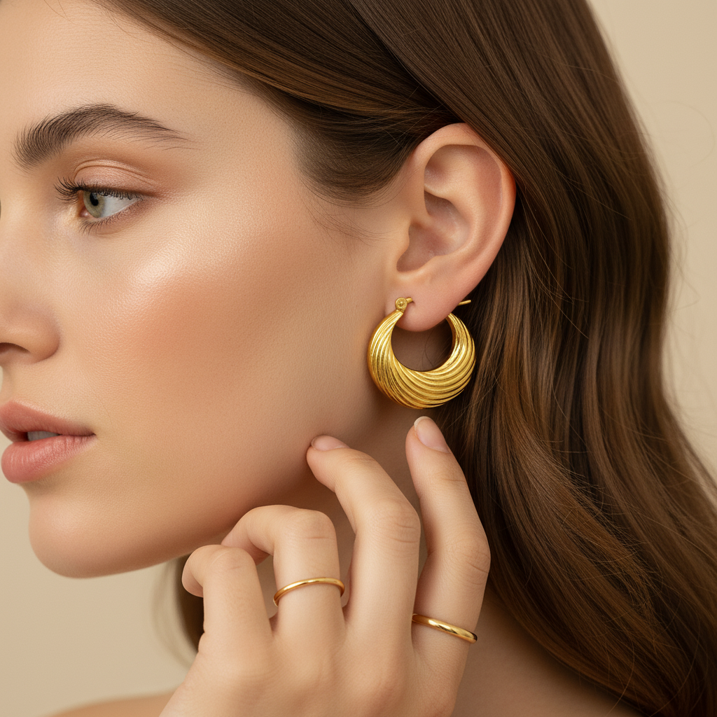 Gold-Plated Textured Hoop Earrings for Women – Classic Ribbed Design LE10287
