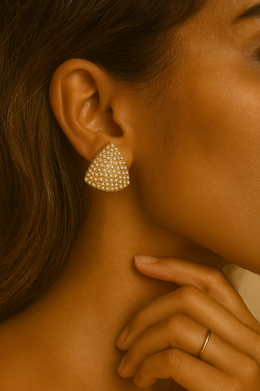 Gold-Plated Triangle Pearl Stud Earrings for Women – Elegant Statement Design LE10297