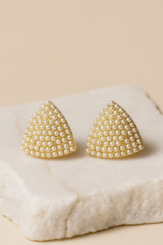 Gold-Plated Triangle Pearl Stud Earrings for Women – Elegant Statement Design LE10297