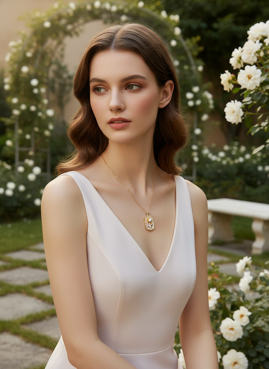 Gold Floral Pendant Necklace with Pearl – Handcrafted Enamel Jewelry for Women LN10281