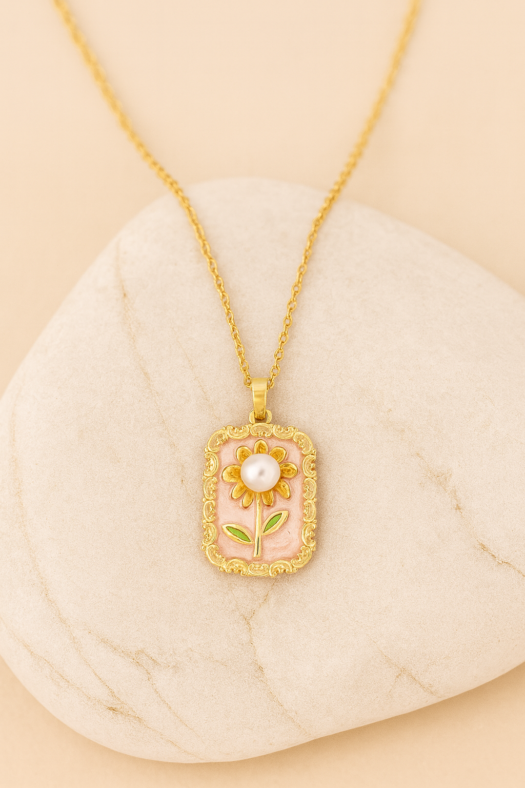 Gold Floral Pendant Necklace with Pearl – Handcrafted Enamel Jewelry for Women LN10281