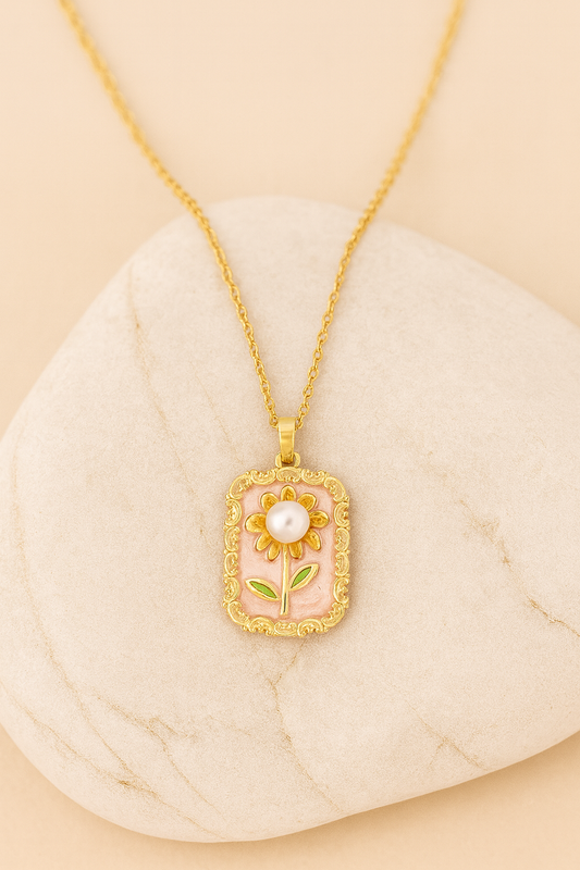 Gold Floral Pendant Necklace with Pearl – Handcrafted Enamel Jewelry for Women LN10281