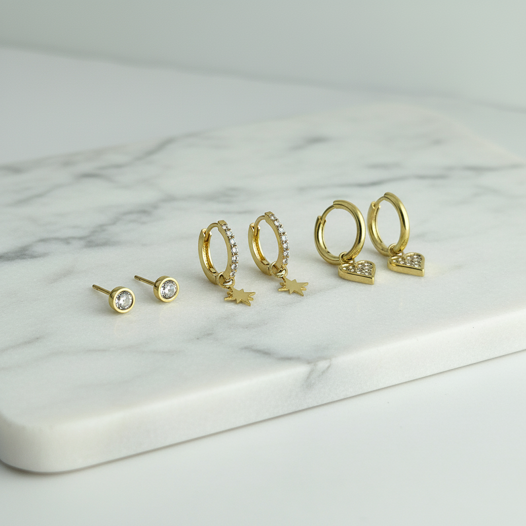 Gold Hoop & Stud Earring Set – Dainty Star and Heart Design Jewelry for Women LE10275