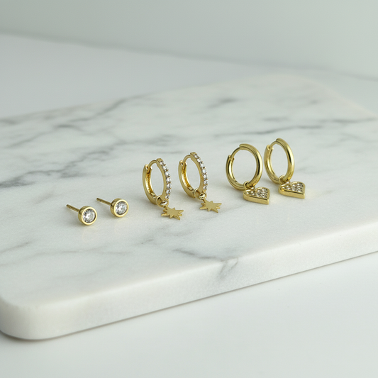 Gold Hoop & Stud Earring Set – Dainty Star and Heart Design Jewelry for Women LE10275