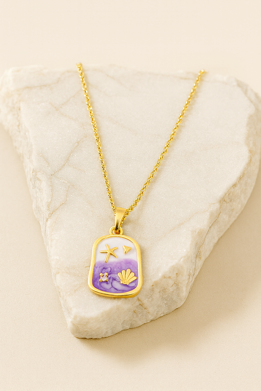 Gold Sea-Inspired Pendant Necklace with Purple Enamel – Starfish & Shell Charm | Lunavia Jewelry LN10289