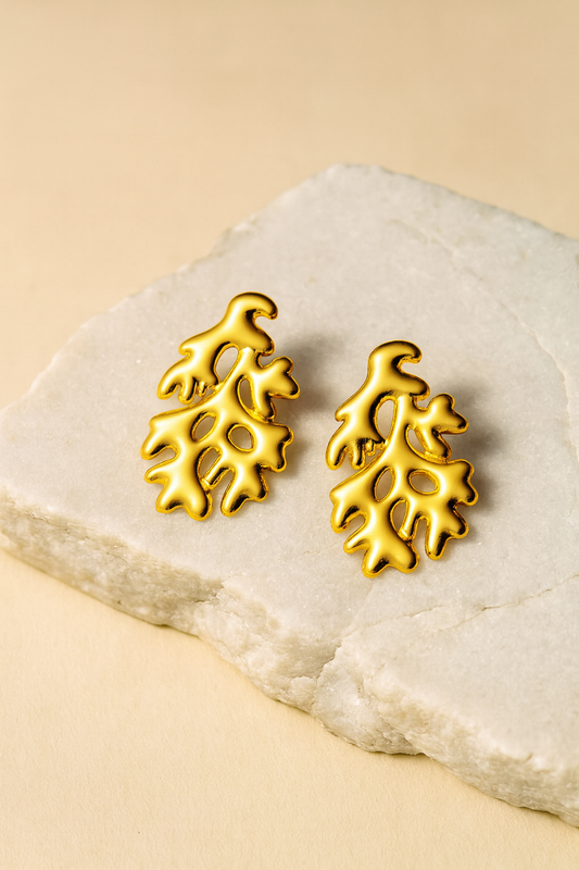 Gold Abstract Leaf Earrings for Women – Artistic Statement Studs LE10290
