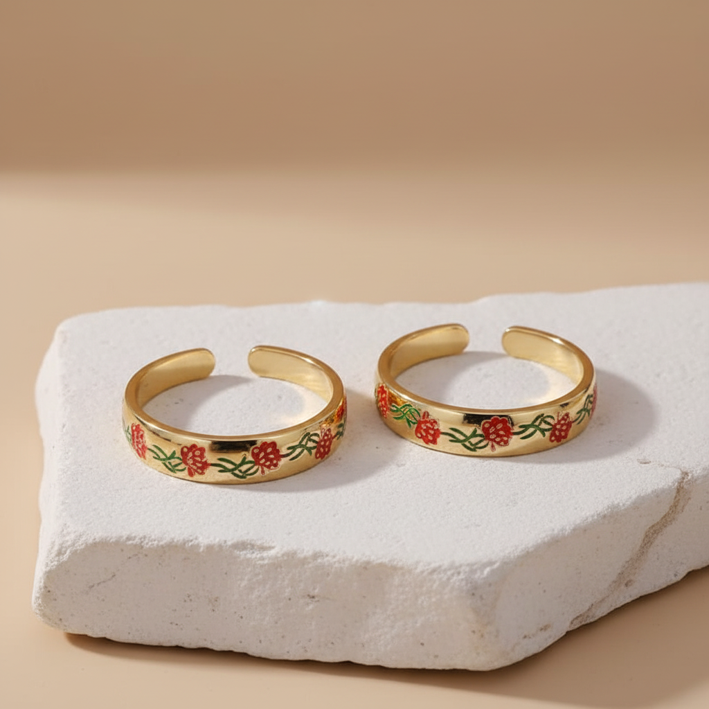 Gold Adjustable Ring with Red Floral Enamel Design LR10205