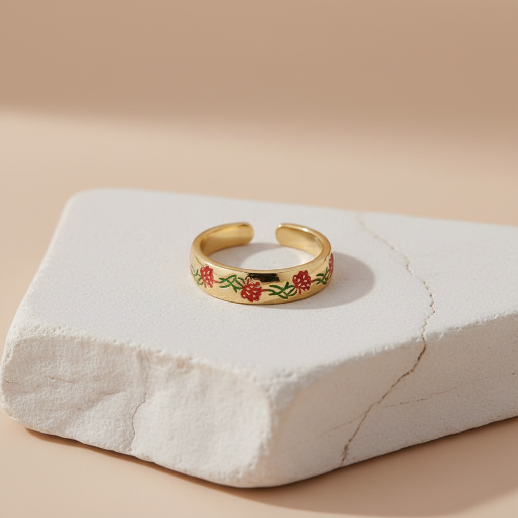 Gold Adjustable Ring with Red Floral Enamel Design LR10205