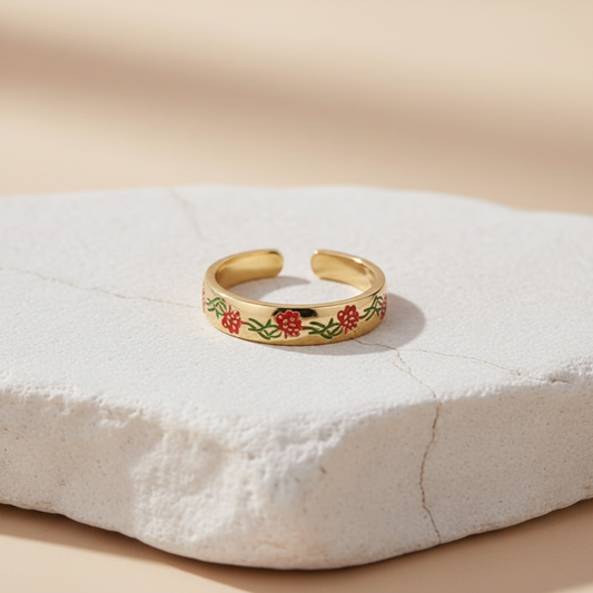 Gold Adjustable Ring with Red Floral Enamel Design LR10205